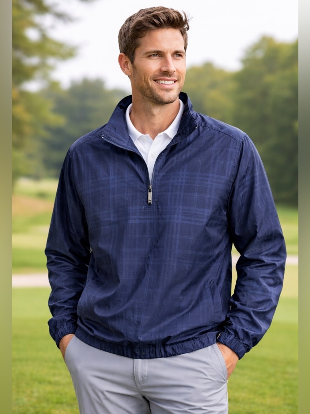 PGA TOUR Men Plaid Windbreaker Jacket Sz M Navy Golf Core Light 1/4 Zip Pullover